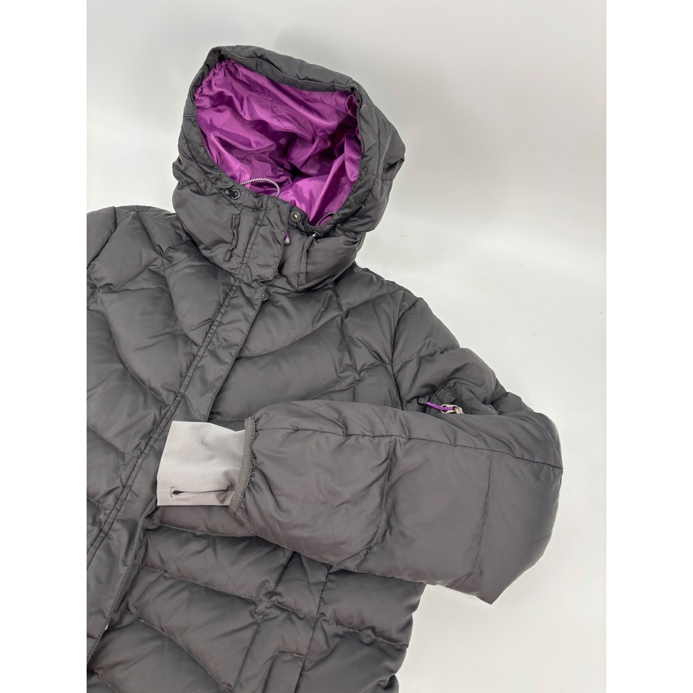 Lands End Down Puffer Jacket Black Purple Hooded Coat Size LP 14-16 421998